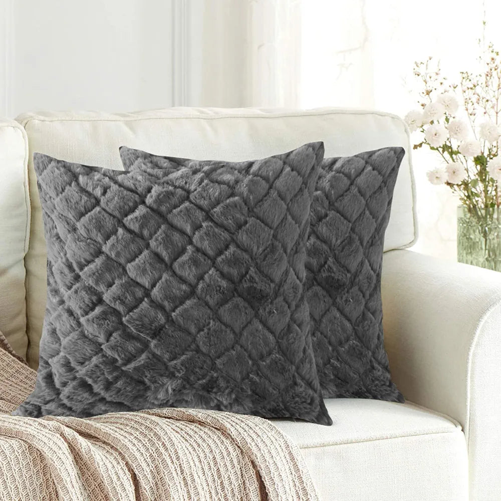 Luxe Home Cushion Cover 16 inch x 16 inch Duble Side Rabbit Fur Diamond Design Covers Set of 2 for Sofa, Bedroom, livingroom 