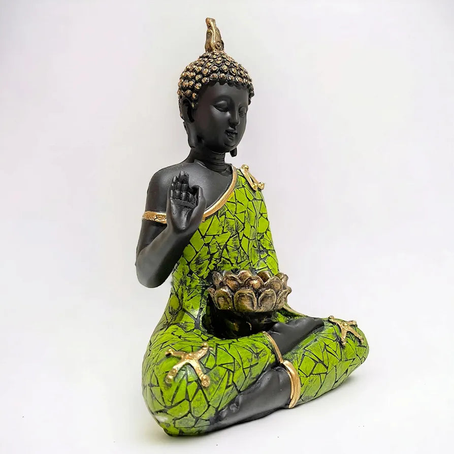 Meditating Buddha Statue with Tealight Candle Holder Polyresin Showpiece for Home Decor Living Room Office Vastu Gift Housewarming 28 cm Black Green