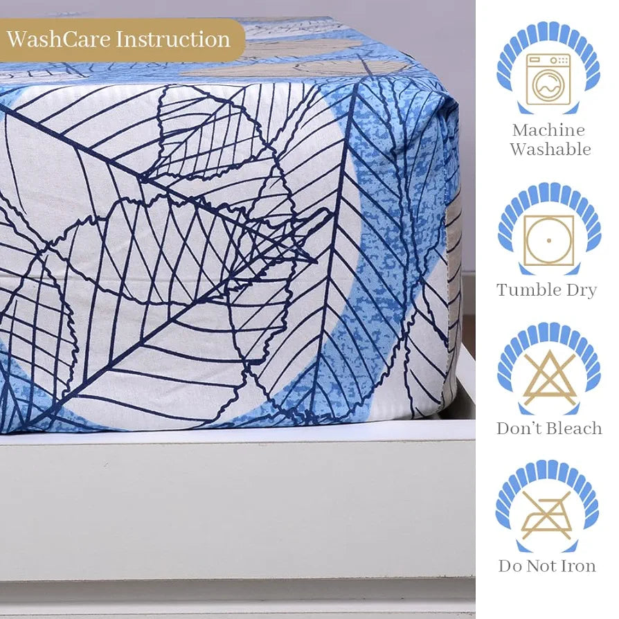 Divine Casa 144 TC Cotton Fitted Bedsheet for Single Bed | 100% Cotton – Floral Blue | Lightweight & Soft with Elastic Fit | Size 198 x 90 cm | Everyday Use