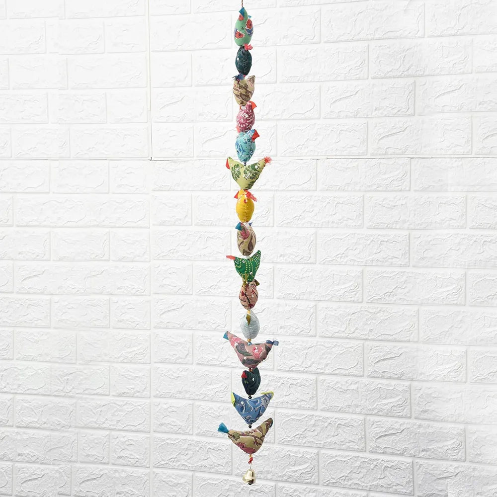 Kuber Industries Rajasthani Traditional Windchimes|15 Hanging Birds with Bell|Polyester Handcrafted Latkan|Decorative Door Hanging Latkan 