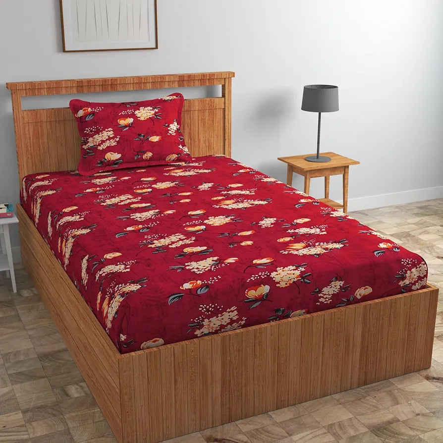 Homefab India 160 TC Glace Cotton Single BedSheet with 1 Pillow Cover -  - Maroon, Floral