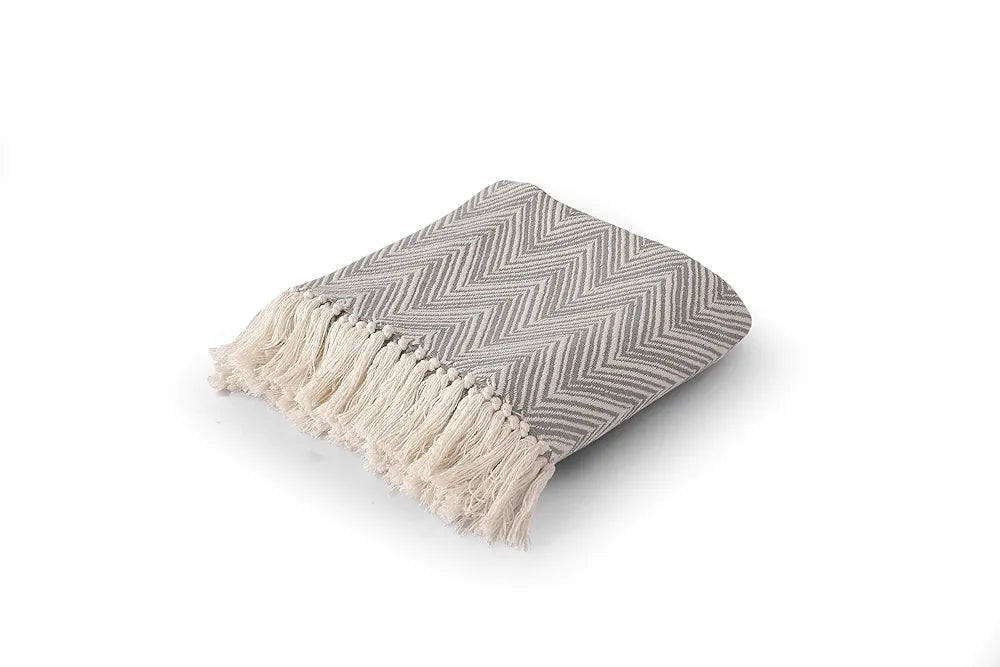 SASHAA WORLD Zig-Zag Patterned|Grey Ivory Woven Throw | Ideal for Living Room, Sofa, Bed, and Chair | 130X180 Cm