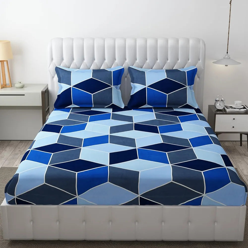 FRESH FROM LOOM Soft Glace Cotton Fitted Bedsheet King Size Bed with Two Pillow Cover,Elastic Geometric Mattress Tuck in Bed Covers,Bluish),Multicolor,144 TC