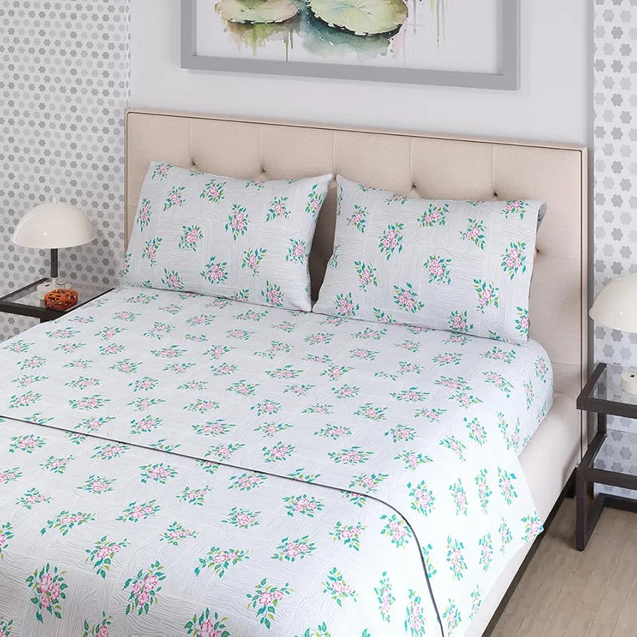Zen Cotton Blend Double Bedsheet Set  | 1 Double Cotton Bedsheet & 2 Pillow Covers | Breathable & Anti-Wrinkle | 225 CVC | 