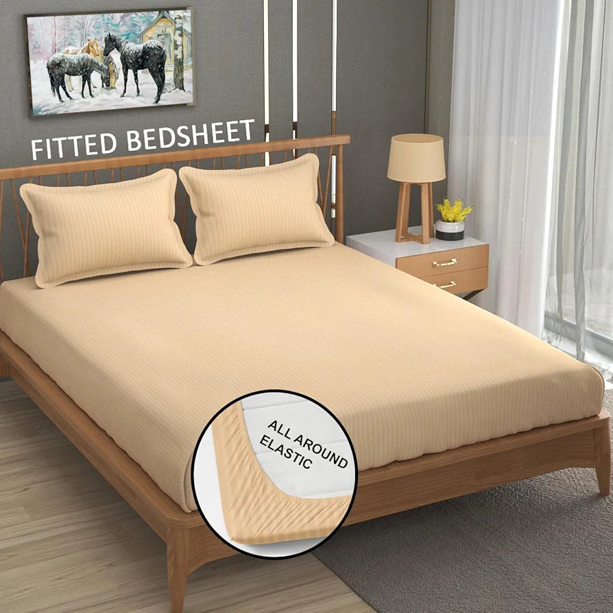 Homefab India 160 TC Stripe Cotton Feel Glace Cotton Elastic Fitted King Size Double Bed Bedsheet with 2 Pillow Covers Fits Upto 6 inches Mattress, Size-72X78 inches, Peach