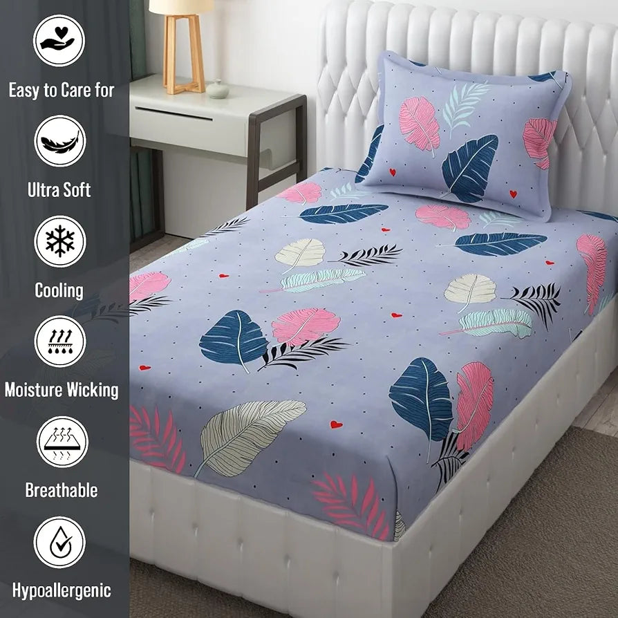 FRESH FROM LOOM Floral Microfiber Single Size Single Bedsheet - Hypoallergenic Wrinkle Free Bed Sheets with 1 Pillow Covers , 144 TC