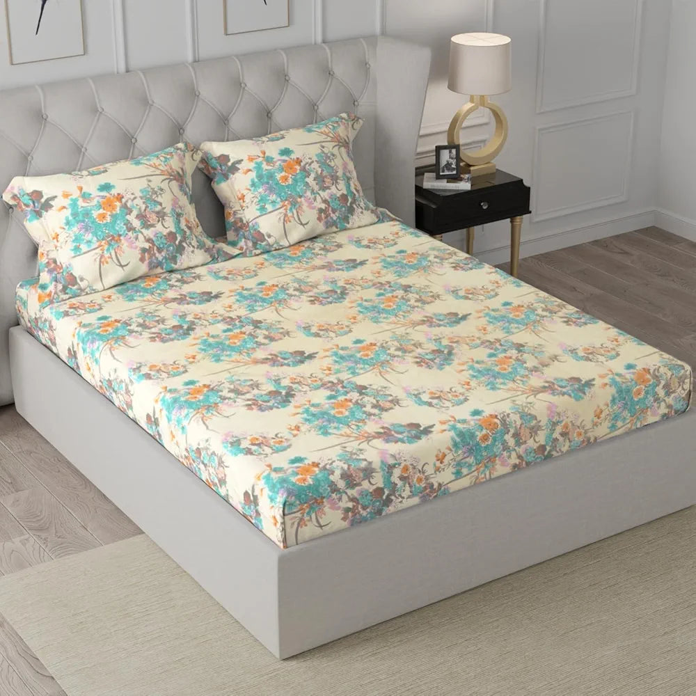 Cloth Fusion Glace Cotton Elastic Fitted Bedsheet for Double Bed King Size with 2 Pillow Covers, Soft Wrinkle Free Elastic Bedsheets for King Size Bed 