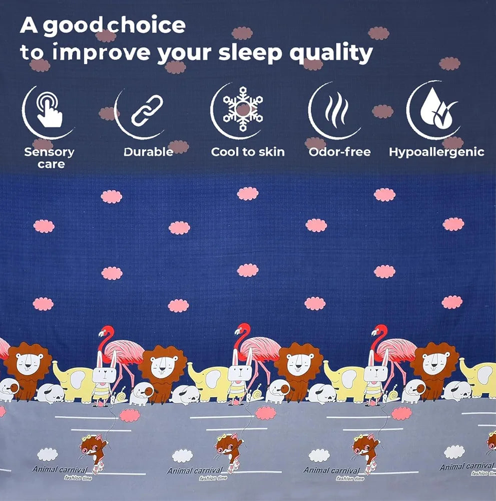 FRESH FROM LOOM Glace Cotton 300 tc Wrinkle Free Soft Hypoallergenic Elastic Fitted |Cartoon Printed Bedsheets For Kids With 1 Pillow |Jungle/Blue), Smallsingle