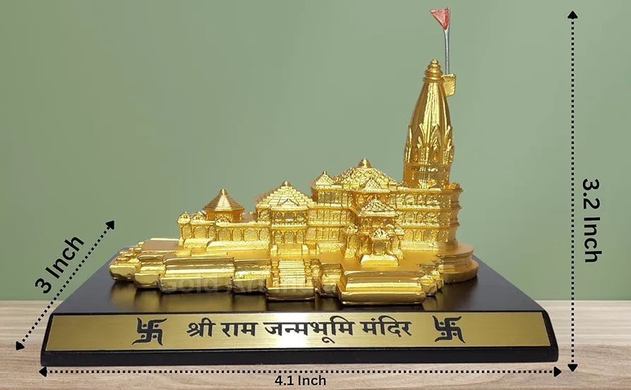 Gold Art India Ram Mandir Ayodhya Gold Plated Matte 24 Karat - Minature for Car Dashboard, Gifting, Puja Room, Office Desk, Home Decor 