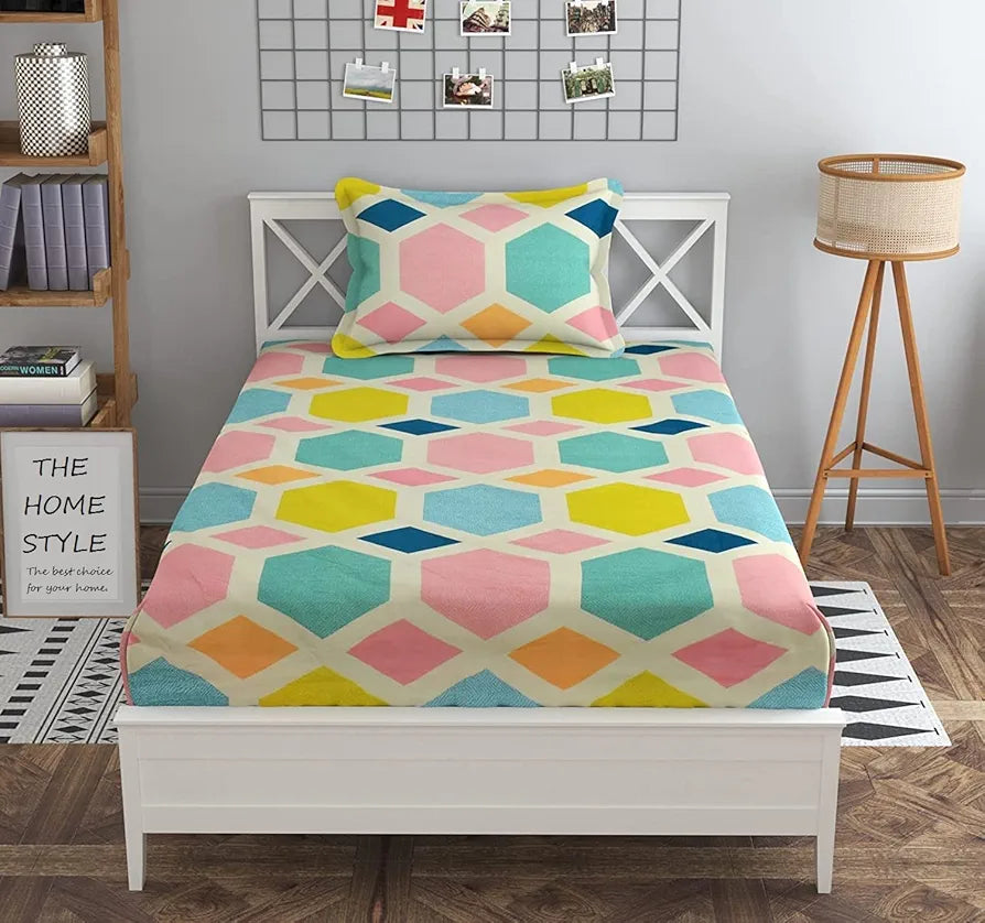 THE HOME STYLE Cotton Feel Glace Cotton Elastic Fitted All Around Printed Full Length Single Bed Bedsheet with 1 Pillow Cover 