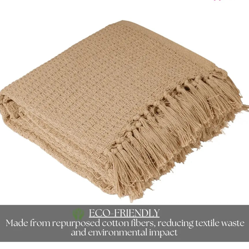 HOMADORN Waffle Weave Cotton Throw Blanket – Lightweight, Breathable & Cozy for Sofa or Bed  Beige