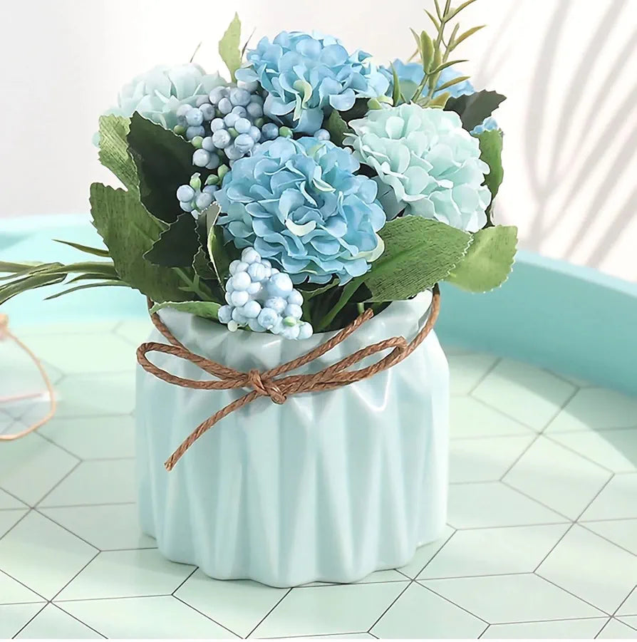 HOME ELEMENTS 1 Pc Artificial Flower with Ceramic Vase for Home Decor Hydrangea Bouquet Fake Flower Arrangements for Living Room Tabletop Showpiece Bedroom Office Desk Artificial Flower Plants 