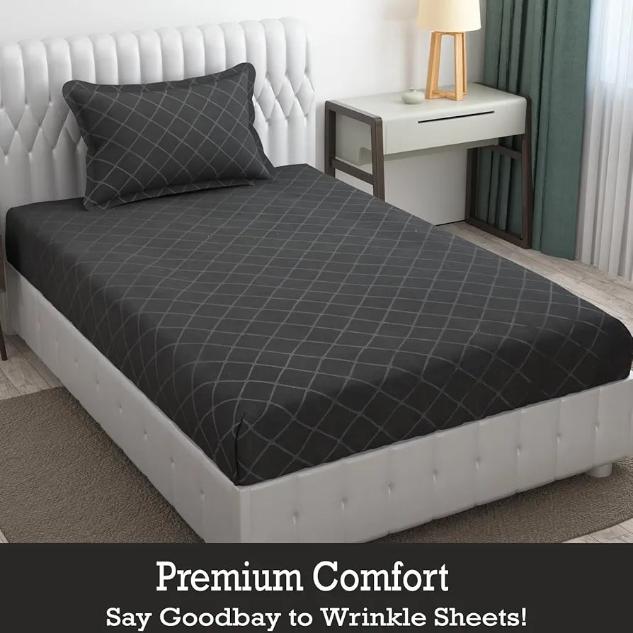 FRESH FROM LOOM Microfiber Single Bed Geometric Bedsheet - Hypoallergenic Wrinkle Free Bed Sheets With 1 Pillow Covers , 144 TC