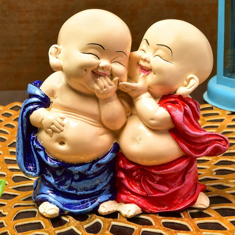 Karigaari India Handcrafted Resine Little Laughing Buddha Monk Sculpture | Showpiece for Home Décor and Office, Blue