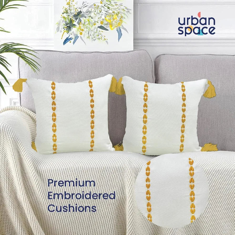 Urban Space Embroidered Cotton Cushion Cover Set of 2, 16 inch x 16 inch Cushion Covers for Sofa, Bedroom, Living Room 