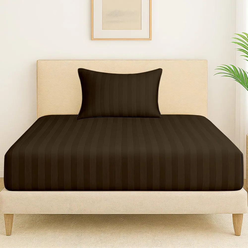 Cloth Fusion Elastic Fitted Glace Cotton Satin Striped Bedsheet Single Size with 1 Pillow Cover 