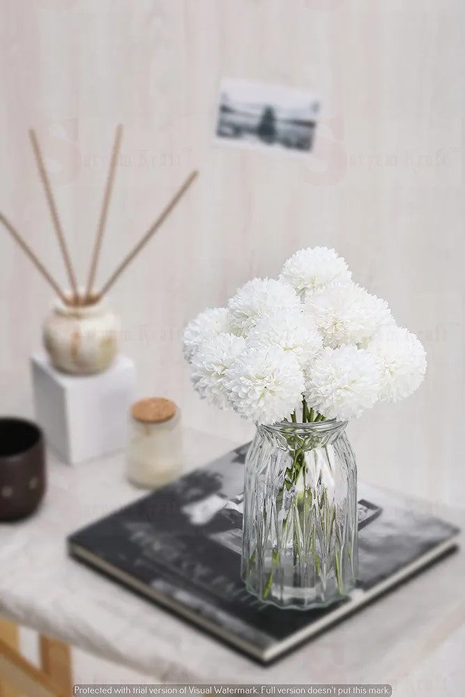 SATYAM KRAFT 5 Pcs Artificial Chrysanthemum Hydrangea Ball Flower Sticks for Home, Office, Bedroom, Balcony, Living Room, Wedding & Craft Decoration  