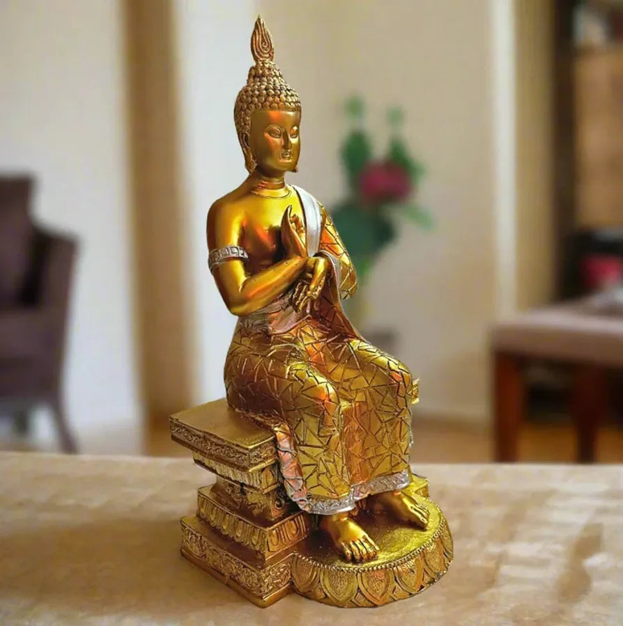 ALILA Sitting Meditating Buddha Statue Idols for Home Living Room Decor, Golden, 11 Inches