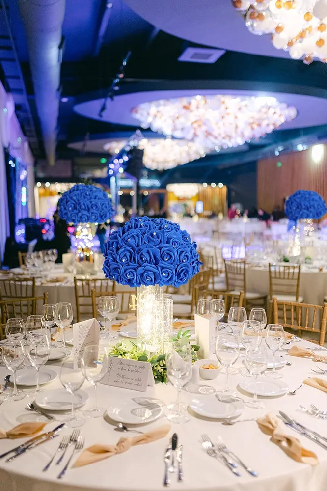 IPOPU 100pcs Royal Blue Artificial Rose Heads with Crystal 3in Real Looking Foam Fake Roses for DIY Craft Wedding Bouquets Wall Decoration Bridal Shower Arrangement Home Decorations