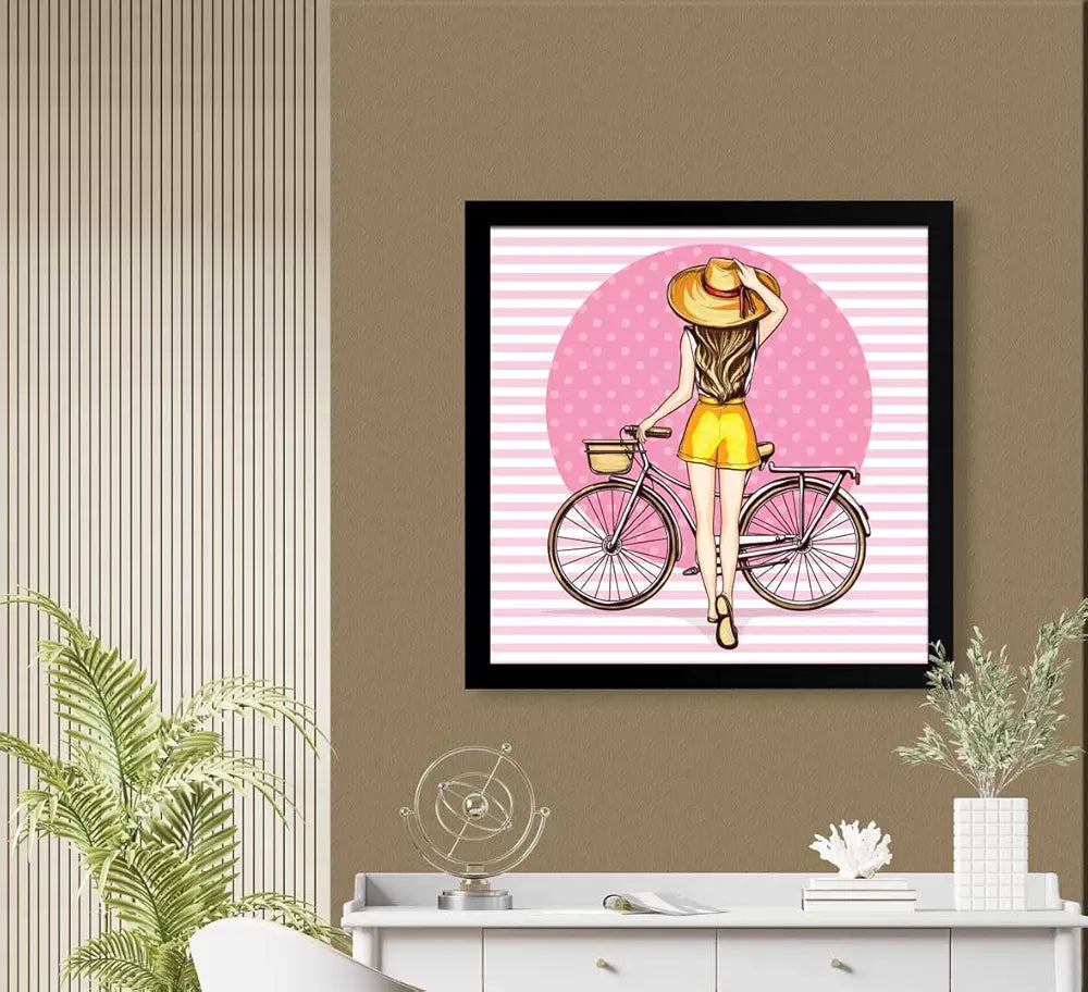 ArtX Woman Cycle Pink Background Pop Art Big Canvas Painting For Bedroom and Living Room With Frame, Multicolour, Square, 24.0 x 24.0 inch, 2x2 Feet, Set Of 1