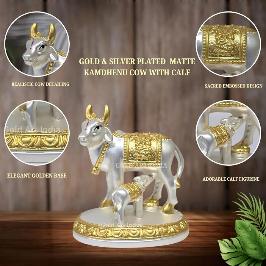 Gold Art India Kamdhenu Cow with Calf Idol Gold Silver Plated with Matte Finish | Home Decor Gaay Bachda Cow |Calf for Vastu | Positive Energy | Wealth Idol Diwali Puja | Housewarming 3.1 Inch