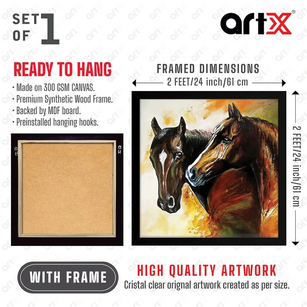 ArtX Two Horse Big Canvas Painting For Bedroom and Living Room With Frame, Multicolour, Square, 24.0 x 24.0 inch, 2x2 Feet, Set Of 1