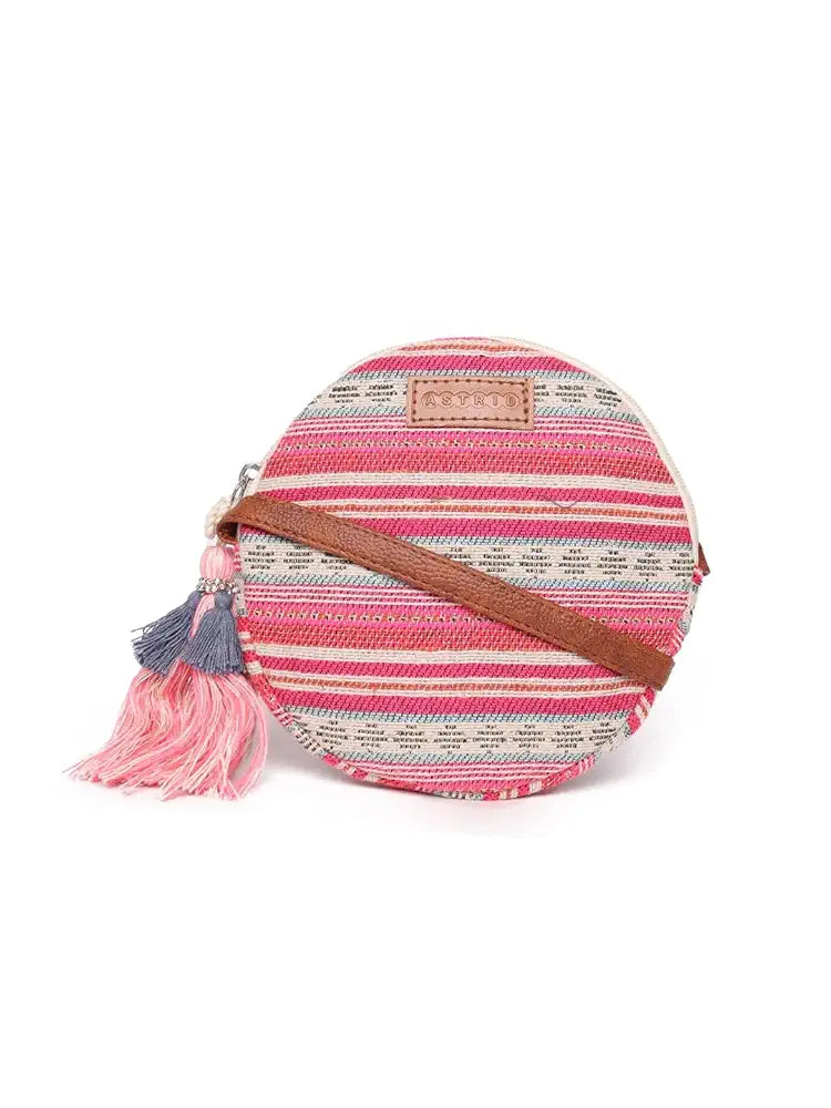 ASTRID Round Textured Sling Bag For Girls With Zip