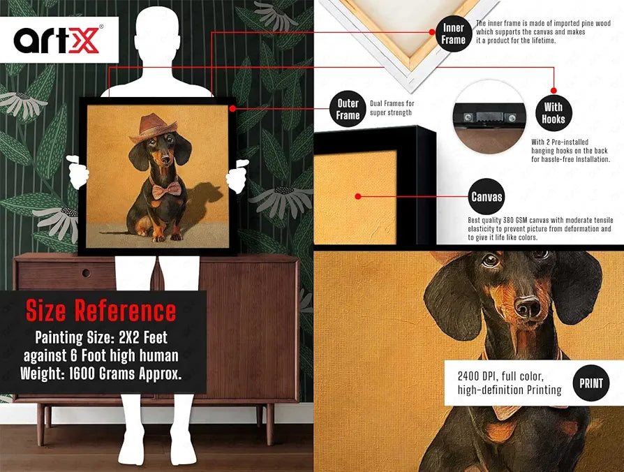 ArtX Black Dog Oil Paint Big Canvas Painting For Bedroom and Living Room With Frame, Multicolour, Square, 24.0 x 24.0 inch, 2x2 Feet, Set Of 1