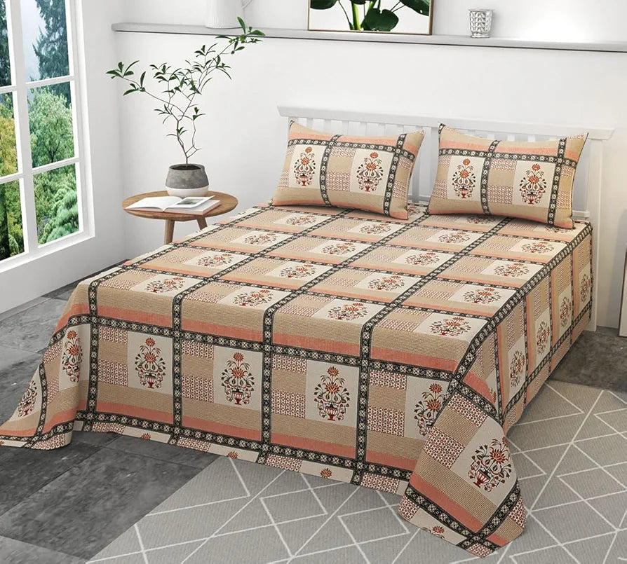 Ultra Super Soft 100% Pure Cotton Double Bedsheet with Two Pillow Covers for Your Bedroom | Floral & Block Printed Premium Bedsheet 