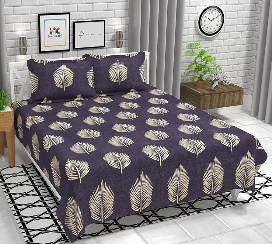HOMEKART Leaves 180 Tc Ultra Super Soft Cotton Feel Microfiber Double Bedsheet with Two Pillow Covers for Your Bedroom 