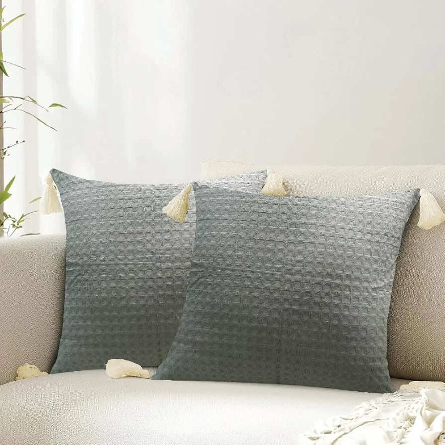 Urban Space Waffle Cotton Cushion Cover Set of 2, 16 inch x 16 inch Cushion Covers for Sofa, Bedroom, Living Room 
