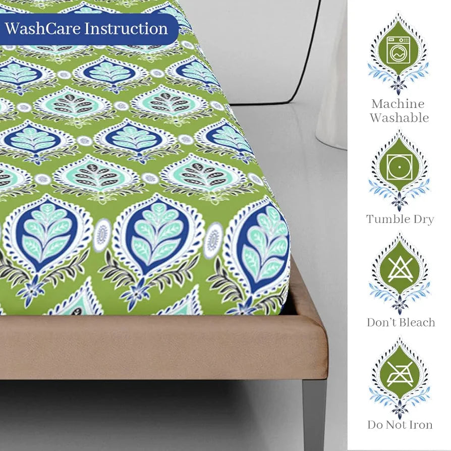 Divine Casa 144 TC Cotton Abstract Printed Queen Size Double Bed Elastic Fitted Bedsheet with 2 Pillow Cover 