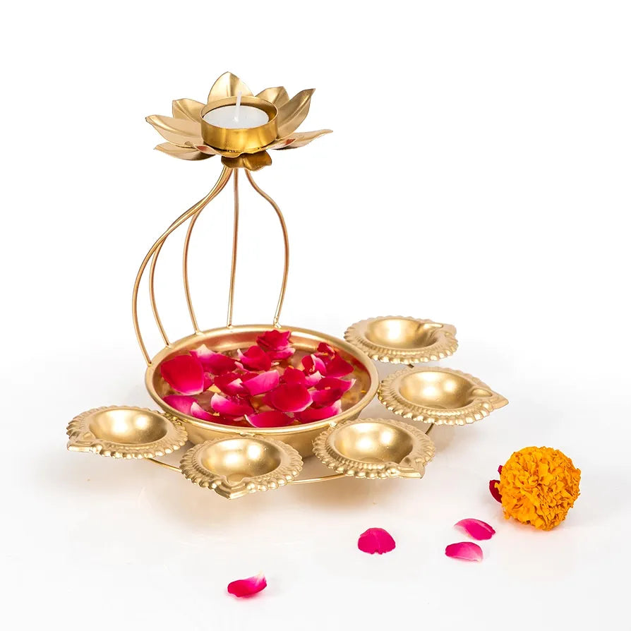 CraftVatika Metal Lotus Tealight Candle Holder for Diwali Decoration Items with Base of Urli Bowl and Diya - Gold , Diwali Gift Items