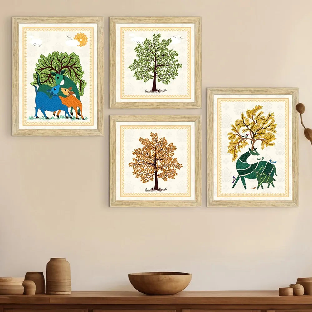 ArtX Paper Gond Art Paintings with Frame for Home Decor, Wall Painting for Living Room, Multicolor, Set of 4