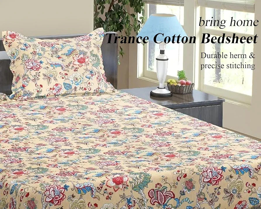 Trance Home Linen 144TC 100% Cotton Heritage Elastic Fitted Bedsheet with 2 Pillow Covers |Jaipuri Printed Artisan Block Design | Soft Hypo-Allergenic | 
