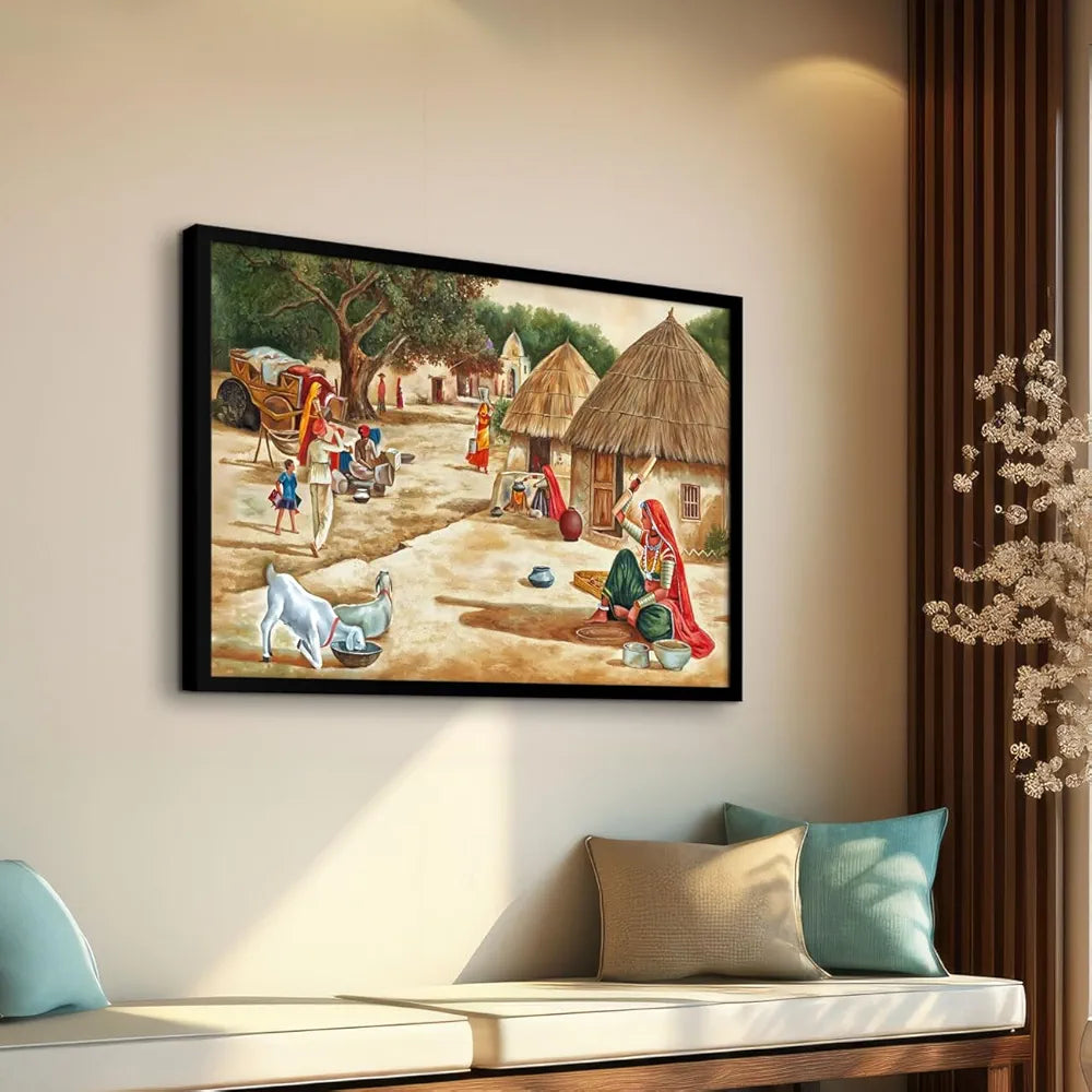 ArtX Paper Village Scene Painting Vastu, Village Painting For Wall Vastu, Wall Decor For Living Room, Multicolor, Nature, 24.0 X 36.0 in, Set of 1