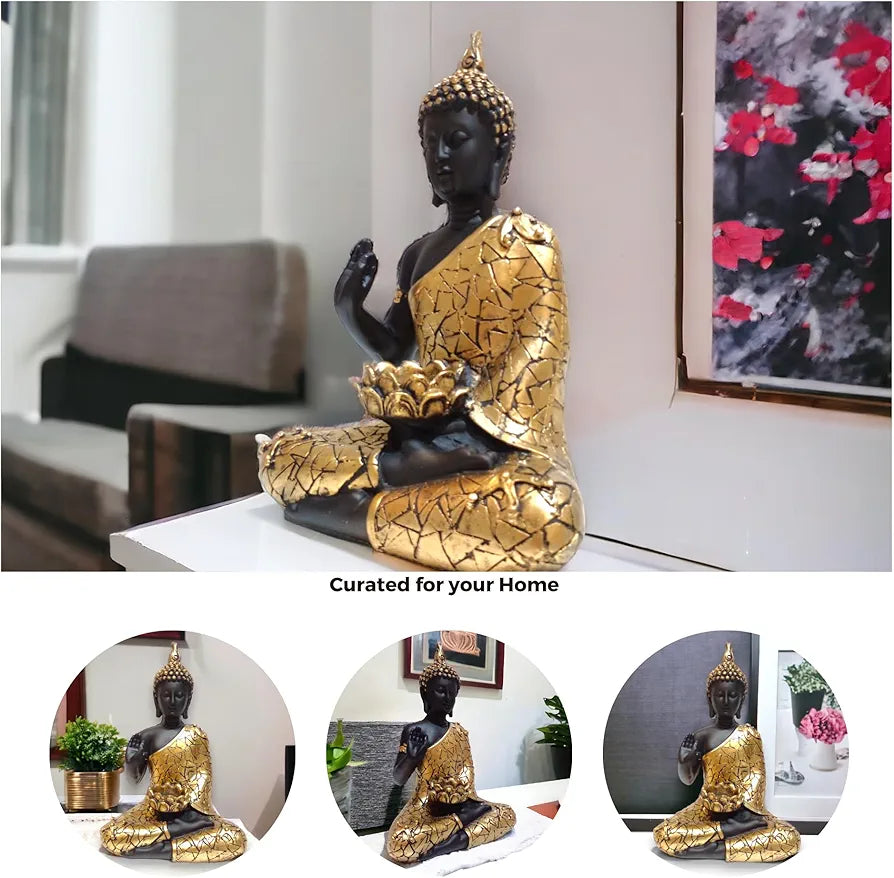 NEELAYA Meditating Buddha Statue with Tealight Candle Holder Polyresin Showpiece for Home Decor Living Room Office Vastu Gift Housewarming 28 cm Black Gold