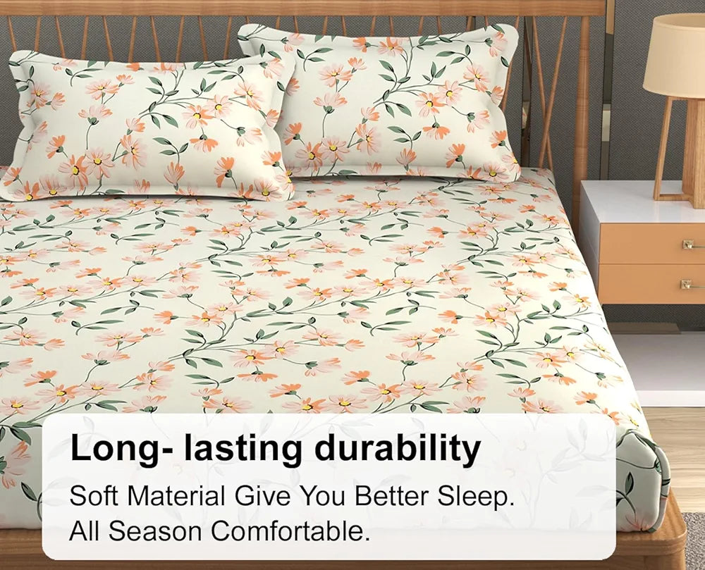 FRESH FROM LOOM King Size Microfiber Floral Print Fitted Bedsheet - 240 TC, Hypoallergenic, Includes 2 Pillow Covers  | Barely-Peach)
