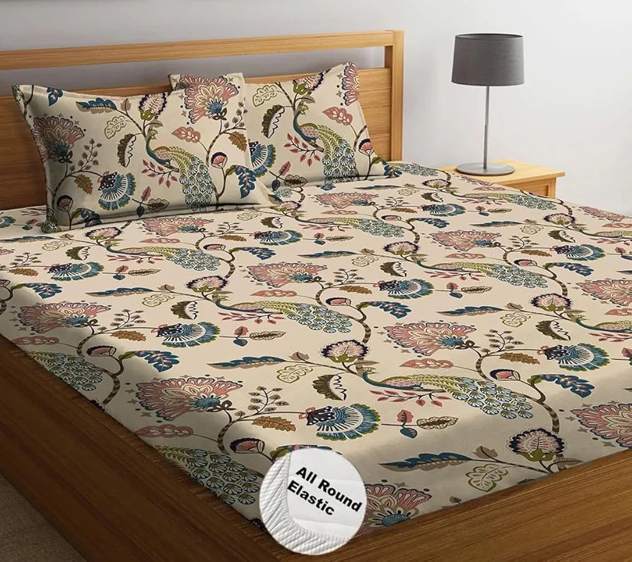 THE HOME STYLE Cotton Elastic Fitted All Around Printed King Size Double Bed Bedsheet wih 2 Pillow Cover  400TC