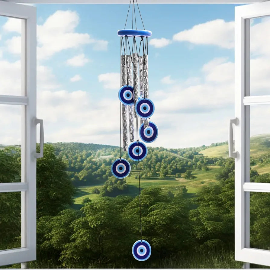 Shubhanjali Metal Evil Eye Wind Chimes For Home Positive Energy 27Inch Turkish Wind Chime For Wall Hanging Decoration Items For Living Room Entrance Outdoor Balcony Housewarming Gifts For Women, Blue