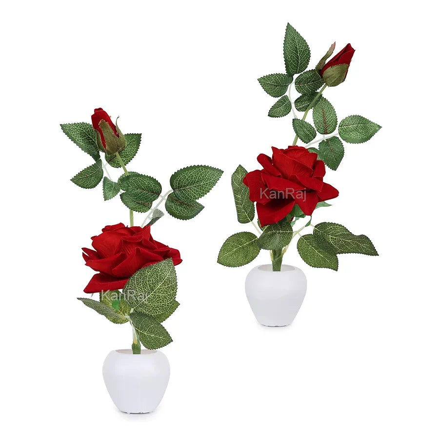 KanRaj ® Artificial Rose Flower Set of 2 Roses with Pot , Plastic