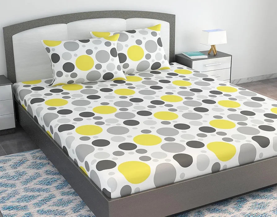 Divine Casa 144 TC 100% Cotton King Bedsheet with 2 Pillow Covers | Skin-Friendly Fabric for Everyday Comfort | 270 X 270 CM | Geometric Pattern | Grey & Yellow