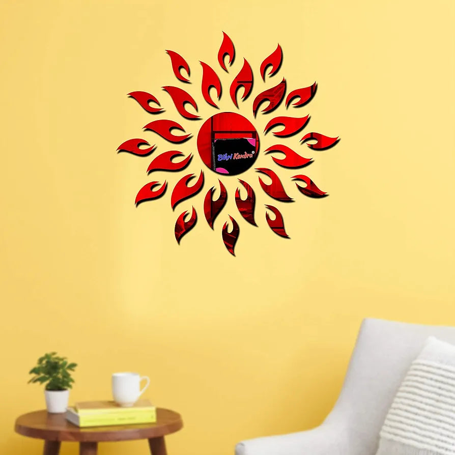 Bikri Kendra Ind - Sun with 12 Hexagon Rings  Mirror Stickers for Wall, Acrylic Sticker for Wall