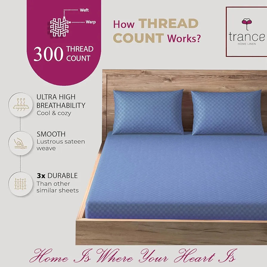 Trance Home Linen 100% Cotton Premium 300TC Jacquard Weave Fitted Bedsheet for King Size Bed with 2 Pillow Cover - Skin Friendly 