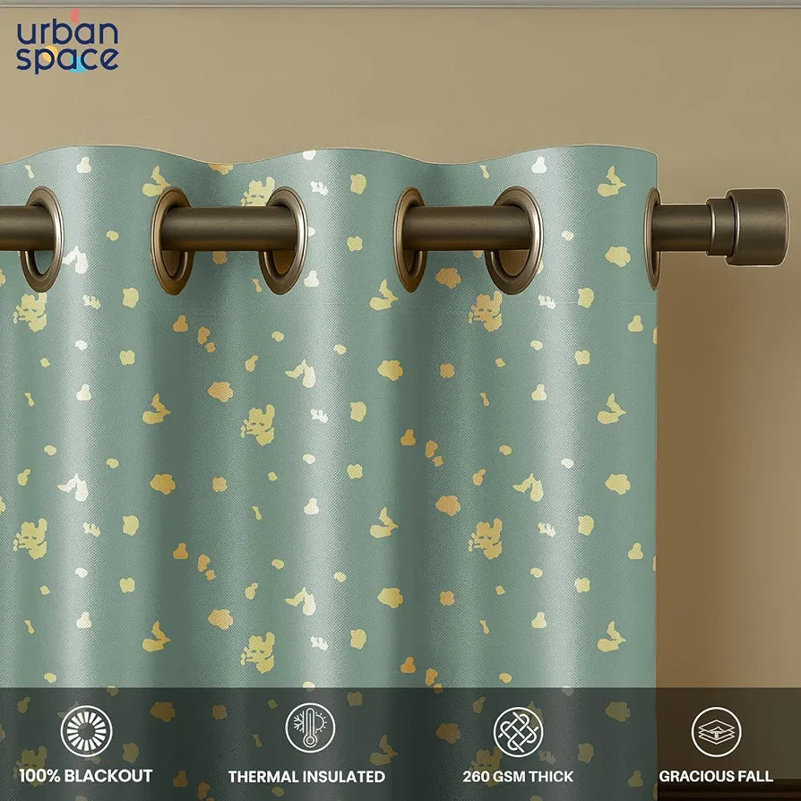 Urban Space Blackout Curtains for Living Room, Gold Foil Printed Luxurious 100% Blackout Decorative Door Curtain Eyelet with Tieback, 1 Piece 