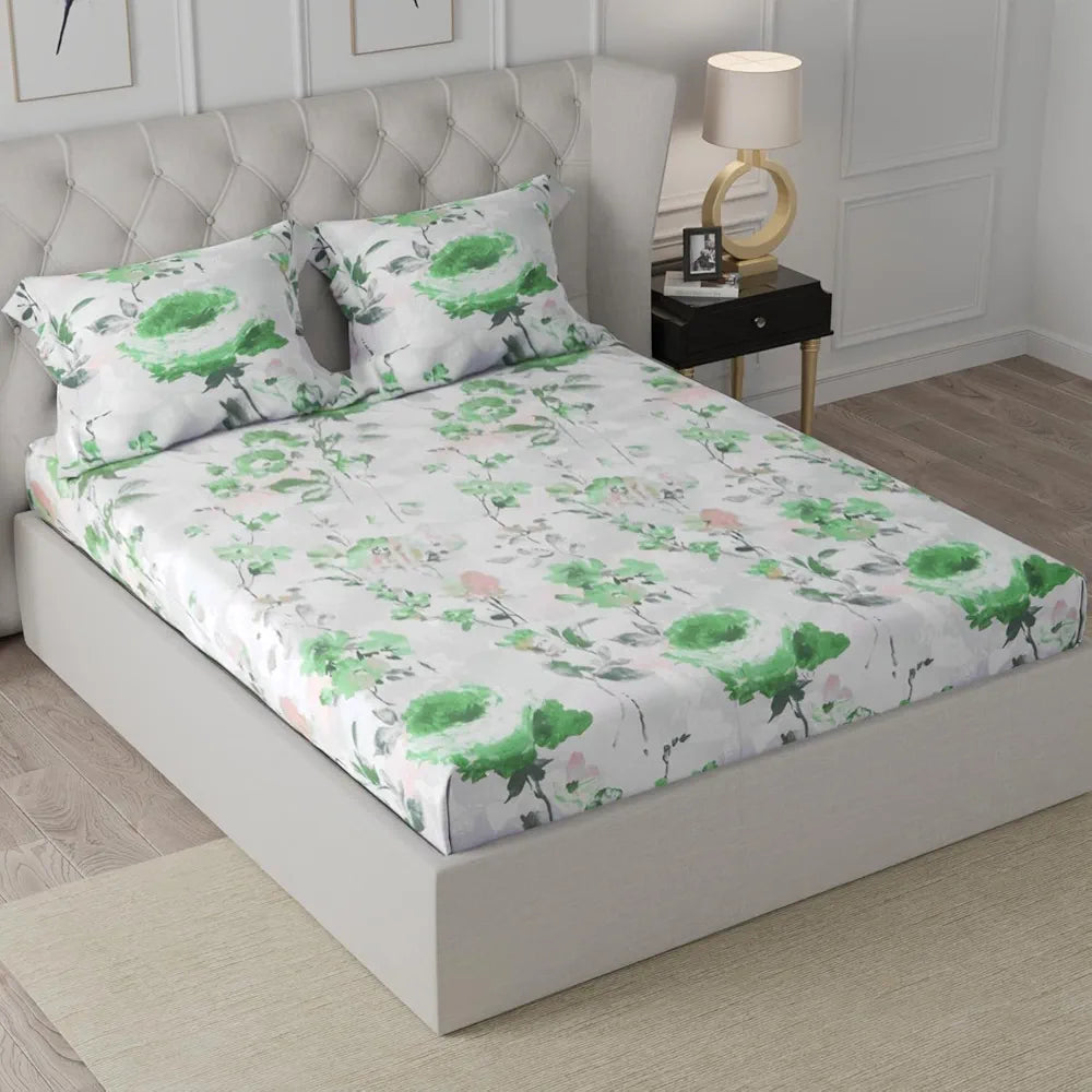 Cloth Fusion Glace Cotton Elastic Fitted Bedsheet for Double Bed King Size with 2 Pillow Covers, Soft Wrinkle Free Elastic Bedsheets for King Size Bed 