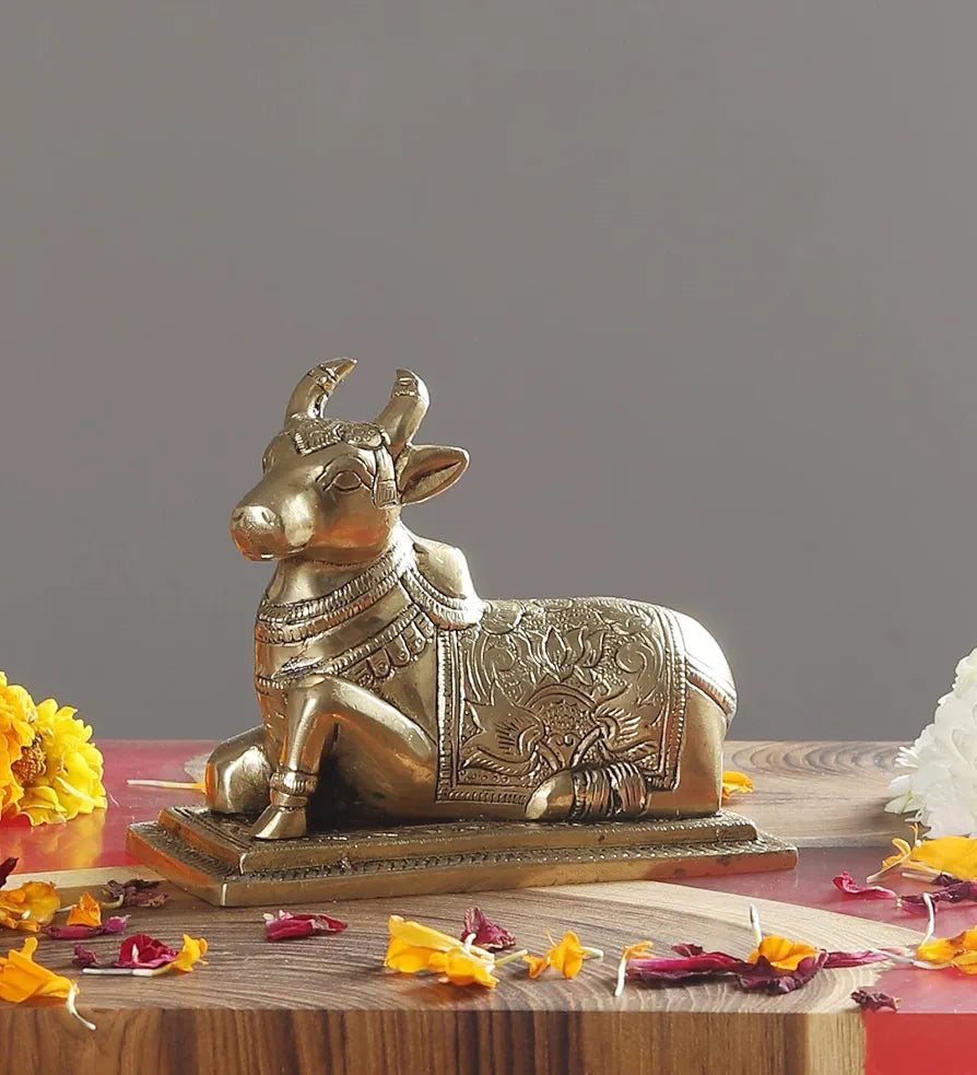 Two Moustaches Lotus Engraved 5 Inches Brass Nandi Cow Over Base, Brass Nandi Idol, Statue for Home/Temple, Nandi Bull Statue, Standard, Pack of 1