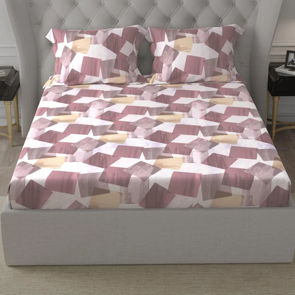 Cloth Fusion Glace Cotton Elastic 186tc Abstract Fitted Bedsheet for Double Bed King Size with 2 Pillow Covers, Soft Wrinkle Free Elastic Bedsheets for King Size Bed 