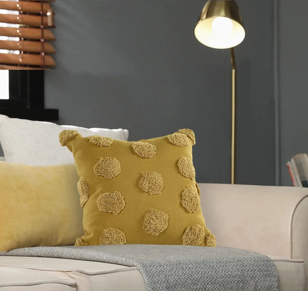 SASHAA WORLD Cotton Tufted Dots Cushion Cover | Mustard Boho Decorative Pillow Cover for Sofa, Living Room, or Bed | Zipper Closure, Elegant Chic Design | 18x18 Inches