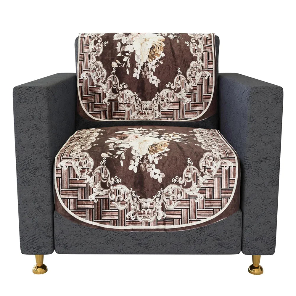 Kuber Industries Velvet Sofa Cover Set - 5 Seater Couch Slipcover With Brown Check Border for Living Room - Cream